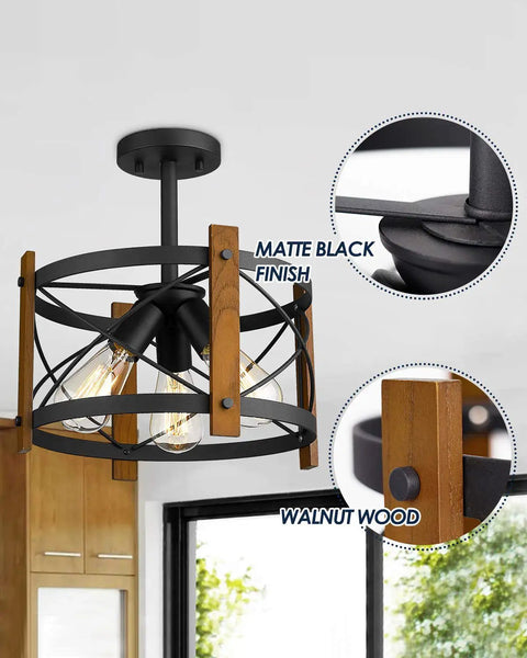 Three-Light Farmhouse Semi Flush Mount Ceiling Light With Dope Walnut Wood And Matte Black Finish, 13 Inch Open X-Brace Barn Style
