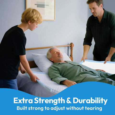 Two caregivers adjusting a Heavy Duty Disposable Bed Pad 40X40 Inch under a man in bed for support and comfort.