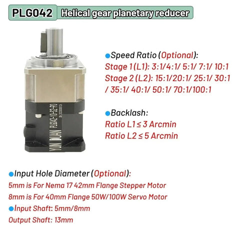 Top Shelf High Precision Planetary Gearbox For Nema17 Nema23 Nema34 Stepper And Servo Motors Heavy Duty 50 To 1 Speed Reducer showing gear specifications.