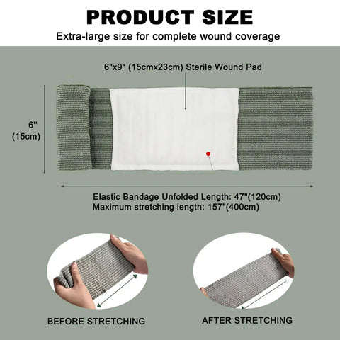 6 Inch Emergency Trauma Bandage 4 Pack For Bleeding Control showing size details and stretching before and after.