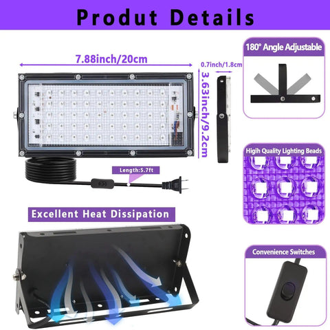 Diagram showing Two Pack 50W LED UV Screen Printing Exposure Lights With Stand For Cyanotypes And Photo Emulsion features