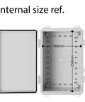 Dimensions of IP67 Waterproof Junction Box Enclosure with hinged grey cover, built tough weatherproof plastic case, internal size reference.