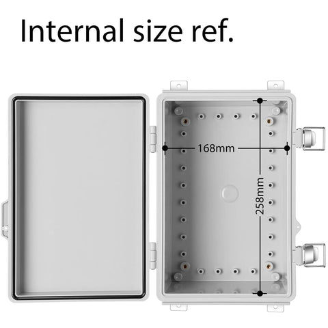 Dimensions of IP67 Waterproof Junction Box Enclosure with hinged grey cover, built tough weatherproof plastic case, internal size reference.