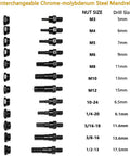 Interchangeable mandrels for Long Reach Rivet Nut Tool With Tool Free Quick Change Head Handy Blind Riveter, M3 to 3/8-16 sizes shown.