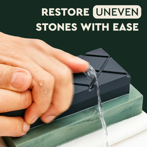 Hands using Dual Grit Diamond Whetstone Flattening Stone For Coarse And Fine Surfaces, leveling sharpening stones under running water.