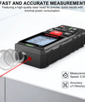 Laser Distance Meter With Dual Bubble Levels, Measures Up To 328 Feet, 4 Unit Conversions, Backlit LCD Display, IP54 Waterproof, Pythagorean Mode For Distance Area And Volume, Ultra Accurate To One Sixteenth Inch, Easy Grip Handheld Tool on tabletop