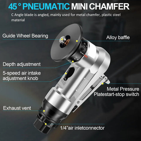 Abizarch Mini Pneumatic Chamfering Machine 30K RPM Air Beveler showing adjustable speed knob and C angle blade for metal work.