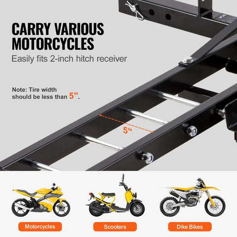 Heavy Duty Motorcycle Carrier Hitch Mount With 600 Lbs Capacity 47 Inch Longer Ramp Ratchet Straps And Stabilizer for 2 Inch Hitch Receiver
