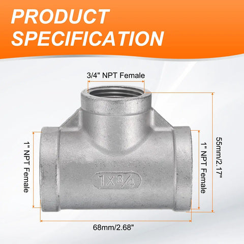 HARFINGTON Tee Pipe Fitting (3/4" x 1" x 1") NPT Female 304 Stainless Steel t Shaped Reducer dimensions shown