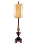 Sweet Ginger Buffet Lamp with ornate sculpted base and tall traditional profile square faux silk shade on white background.