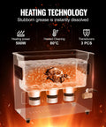 Heating technology display in 6L Ultrasonic Cleaner With 40kHz Power 180W Digital Cleaning Gear Featuring Gentle Mode Upgraded Degassing Heater And Timer For Jewelry Retainers And Tools, highlighting 500W power, 80°C heating, and triple transducers.