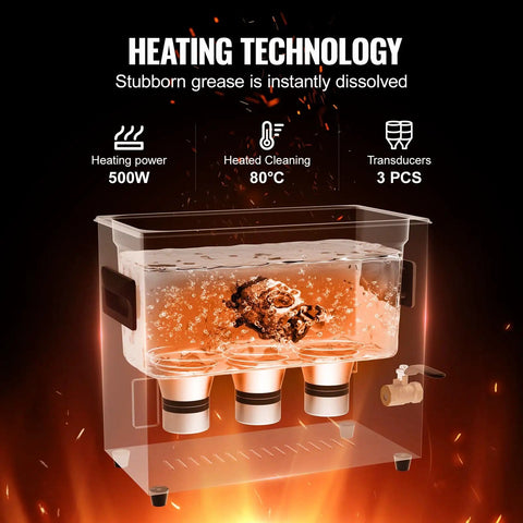 Heating technology display in 6L Ultrasonic Cleaner With 40kHz Power 180W Digital Cleaning Gear Featuring Gentle Mode Upgraded Degassing Heater And Timer For Jewelry Retainers And Tools, highlighting 500W power, 80°C heating, and triple transducers.
