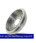 Rear brake drum, silver metal, angled side view
