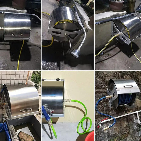Stainless Steel Garden Hose Reel With Durable Protective Cover And Smooth Metal Crank For 50 Foot Hoses, wall-mounted design.