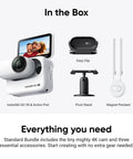 Tiny 4K Vlogging Cam With 128 GB White, accessories including easy clip, pivot stand, and magnet pendant shown.