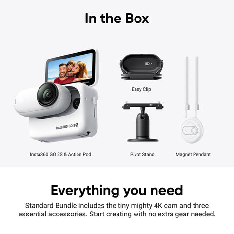 Tiny 4K Vlogging Cam With 128 GB White, accessories including easy clip, pivot stand, and magnet pendant shown.