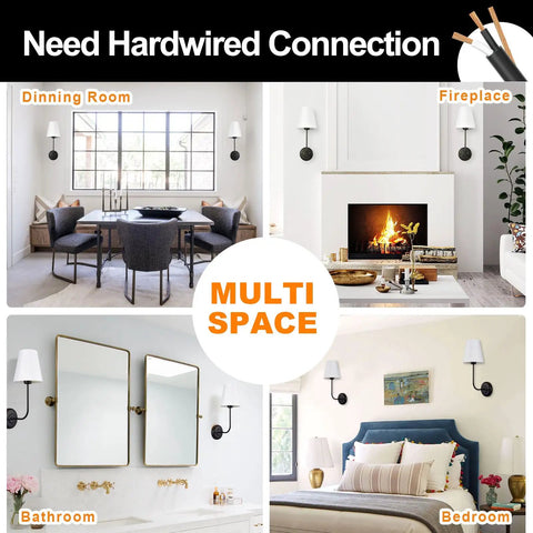 Hardwired Wall Sconces 2-Pack Vintage Industrial Lights With Flared White Fabric Shades For Dining Room Living Room Bedrooms Bedside Reading Farmhouse Style Easy Install No Bulbs Included