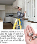 Heavy Duty 5Mm L Shaped Shelf Pegs With Holes Smooth Nickel Cabinet Holders For Bookcases And Closets Built Like A Tank Adjustable Pins No Sweat Setup 50 Pack Silver Hardware shown with a person using them during installation.