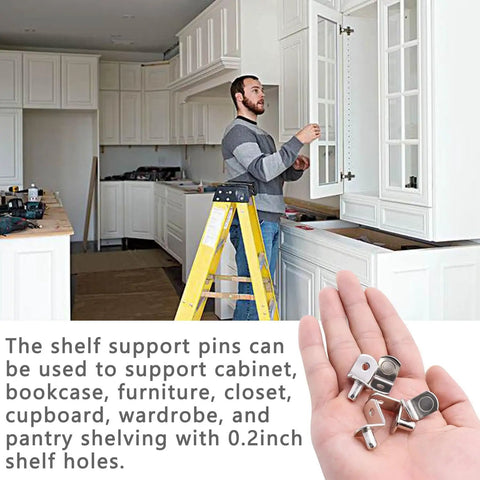 Heavy Duty 5Mm L Shaped Shelf Pegs With Holes Smooth Nickel Cabinet Holders For Bookcases And Closets Built Like A Tank Adjustable Pins No Sweat Setup 50 Pack Silver Hardware shown with a person using them during installation.