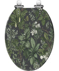 Elongated Resin Toilet Seat for Bathroom with floral leaf design, suitable for standard elongated toilets, dark background.