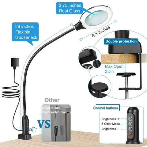 26 Inch Gooseneck Magnifying Lamp With Clamp Stepless Dimmable LED Desk Light 5 Color Modes 8x Real Glass Magnifier Hands Free For Painting Close Work Craft And Hobby Projects