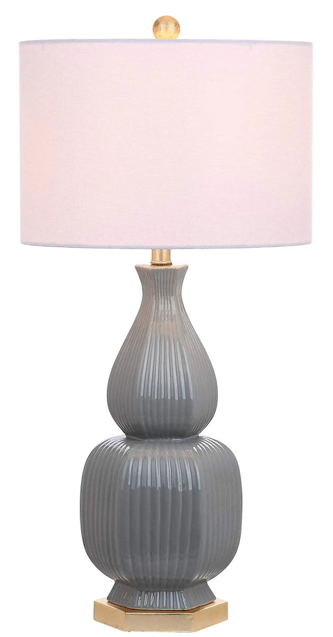 Cleo Modern Grey Textured Ceramic Table Lamp with Off White Cotton Shade, part of 32-Inch Set Of 2 With LED Bulbs Included