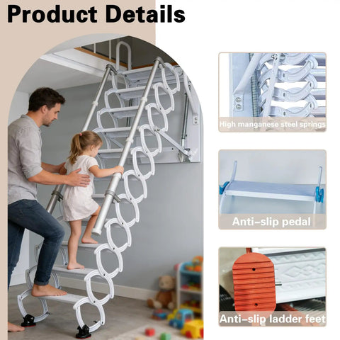 Wall Mounted Folding Loft Ladder With Armrests Retractable Attic Stairs 12 Steps Telescoping Pulldown System For Easy Attic Access White Durable Build