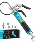 Beefy 8000 PSI Grease Gun Kit with pistol grip, 14oz capacity, quick release coupler, 90 degree adapter, flexible hose, rigid pipe