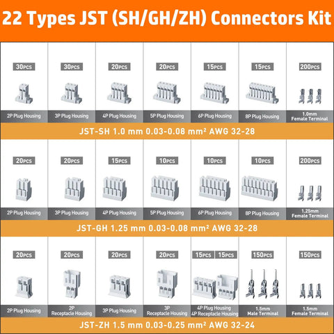 Pro Grade All In One DIY Electronics Crimping Tool Kit With 22 JST Connectors display with various plug housings and terminals