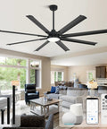Beefy 72 Inch Ceiling Fan With Light, Industrial Style With 8 Aluminum Blades in modern living room, smart control displayed