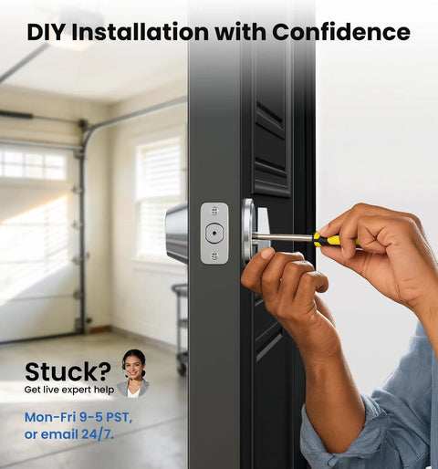 Person installing Beefy Heavy Duty Single Cylinder Deadbolt Lock With Inside Thumb Turn, Easy Install Security Door Lock For Front Entry And Garage, Keyed On One Side, Brushed Nickel Finish, Durable Home Security Upgrade on door in garage.