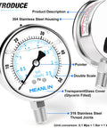 Liquid Filled Pressure Gauge, Stainless Steel 316 Joint, 1/4 NPT, 2.5 Inch Dial, Lower Mount, 0-50 PSI, Tough As Nails All Purpose Gauge