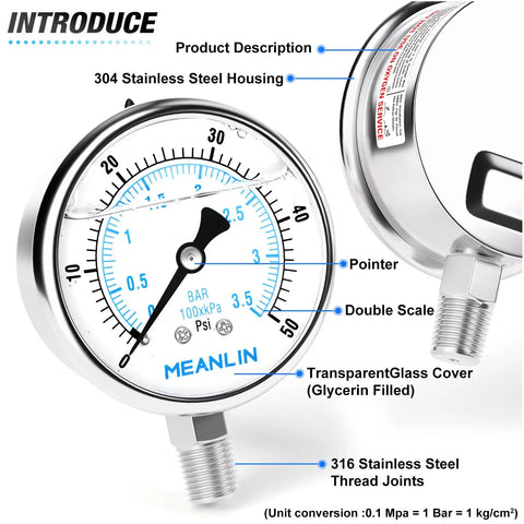 Liquid Filled Pressure Gauge, Stainless Steel 316 Joint, 1/4 NPT, 2.5 Inch Dial, Lower Mount, 0-50 PSI, Tough As Nails All Purpose Gauge