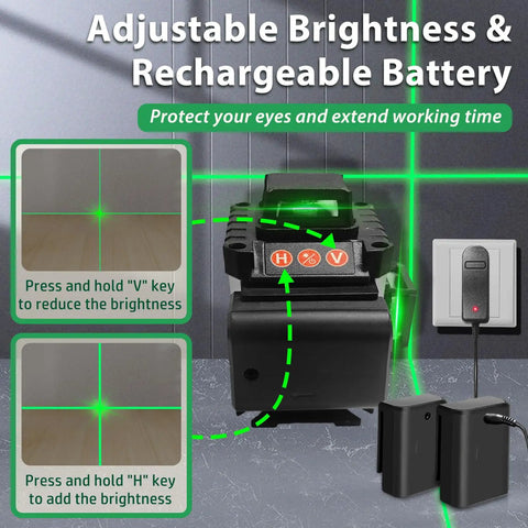 Green Laser Level Pro Grade Kit with adjustable brightness and rechargeable battery, shown with control buttons and accessories.