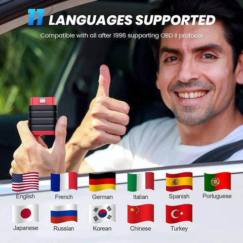 Person holding All In One OBD2 Bluetooth Diagnostic Tool For iOS And Android, showing supported languages.