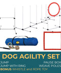 Dog Agility Training Set With 4 Piece Obstacle Course Including Jump Bar Tire Jump Pause Box And Weave Poles Plus Carrying Case