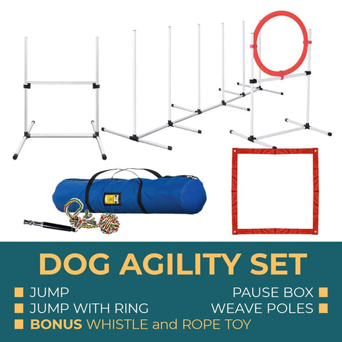 Dog Agility Training Set With 4 Piece Obstacle Course Including Jump Bar Tire Jump Pause Box And Weave Poles Plus Carrying Case