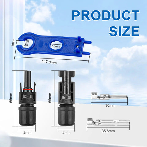 10 AWG Solar Panel Extension Cable 5Ft To 100Ft With Male And Female Connectors, size measurements and blue tool included