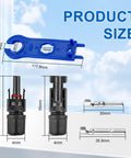 Pro Grade 10 AWG Solar Panel Extension Cable Set With Male And Female Connectors, tool and connector size diagram