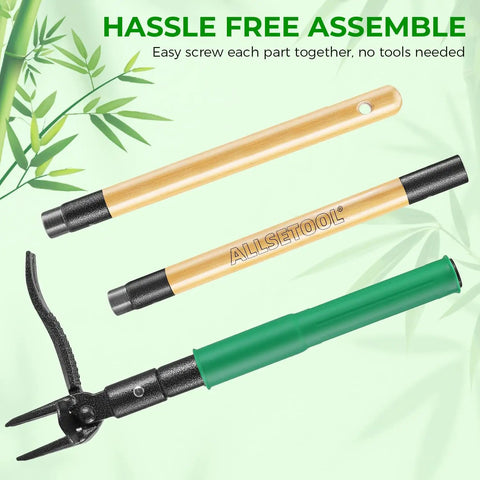 Stand Up Weed Puller With Two Weed Ejects, 43.7 Inch Long Handled Garden Weeder disassembled, bamboo handle, metal claws, easy assembly.