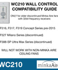 WC210 wall control compatibility guide for Minka-Aire fans, compatible with F516, F517, F519, F527, and F588-SP series.