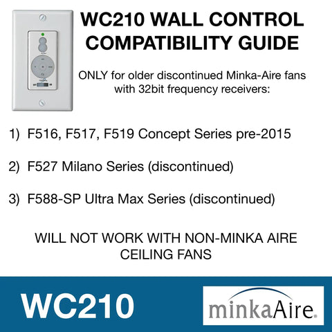 WC210 wall control compatibility guide for Minka-Aire fans, compatible with F516, F517, F519, F527, and F588-SP series.