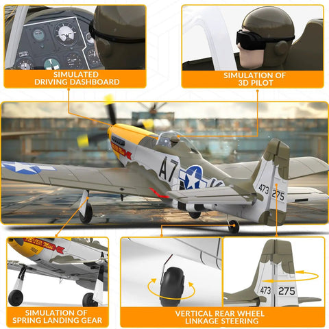 Close-up of Beast Ready To Fly 4CH Brushless P51D Mustang RC Plane dashboard, pilot, landing gear, and steering details.