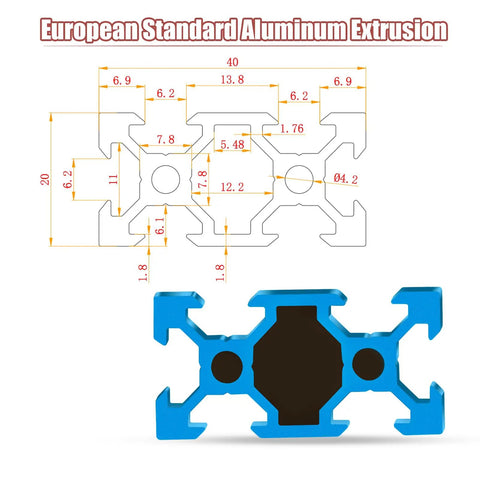 Tough-As-Nails Blue 2040 Aluminum Extrusion Profiles Featuring Precision V Slot Grooves For Serious Industrial Framing And DIY Projects Pack of 5 Pieces Each Measures 48 Inches Long Made From High-Strength Alloy That Plays Nice With All 20 Series Gear diagram showing dimensions and design.