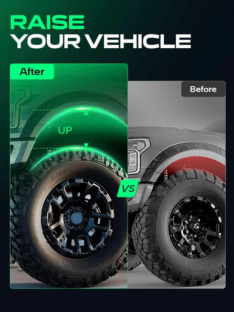 Before and after comparison of truck with 1 Inch Front Leveling Lift Kit For Chevy Silverado 1500 Tahoe Avalanche Suburban GMC Sierra Yukon XL RWD 4WD Raise Front End By One Inch And Level Your Ride With Easy Install Suspension Upgrade installed.