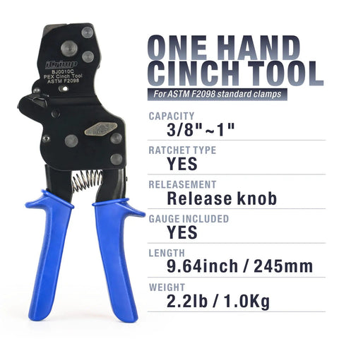Ratchet PEX Cinch Tool For Stainless Steel Clamps Meets ASTM 2098 Clamping Three Eighths One Half Three Quarters Five Eighths One Inch Pipe Tubing One Hand Design For Easy Clamp Tightening And Quick Pipe Installations No Sweat
