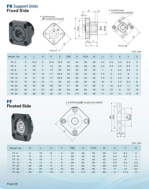Engineering diagram and specs for FK and FF support units in SFU4010 Ball Screw CNC Kit With Nut, End Supports, Coupler And Machining.