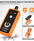 No Sweat TPMS Relearn Scanner For Gm Chevy Buick Gmc Cadillac Tire Pressure Reset Activation With Heavy Duty Antenna Straight Up Finger Switch Garage Essential 2024 Edition handheld scanner in orange with black accents.