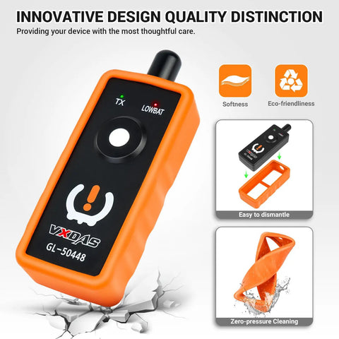 No Sweat TPMS Relearn Scanner For Gm Chevy Buick Gmc Cadillac Tire Pressure Reset Activation With Heavy Duty Antenna Straight Up Finger Switch Garage Essential 2024 Edition handheld scanner in orange with black accents.
