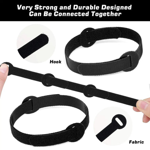 150 Piece Reusable Cable Ties Set With 4, 6, 8, 10 Inch Hook And Loop Straps, showing adjustable black wire ties connected